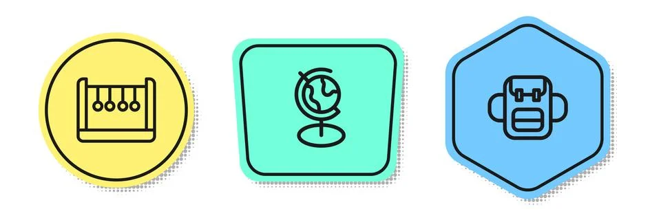 Set line Pendulum, Earth globe and School backpack. Colored shapes. Vector Stock Illustration