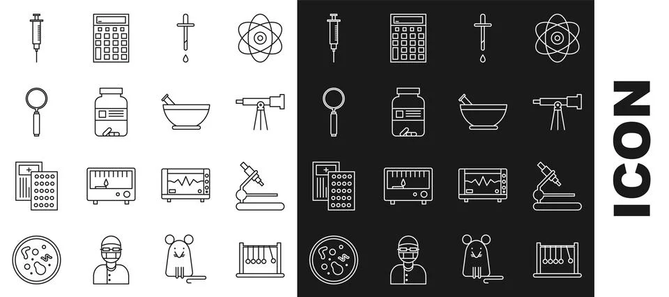 Set line Pendulum, Microscope, Telescope, Pipette, Medicine bottle and pill.. Stock Illustration