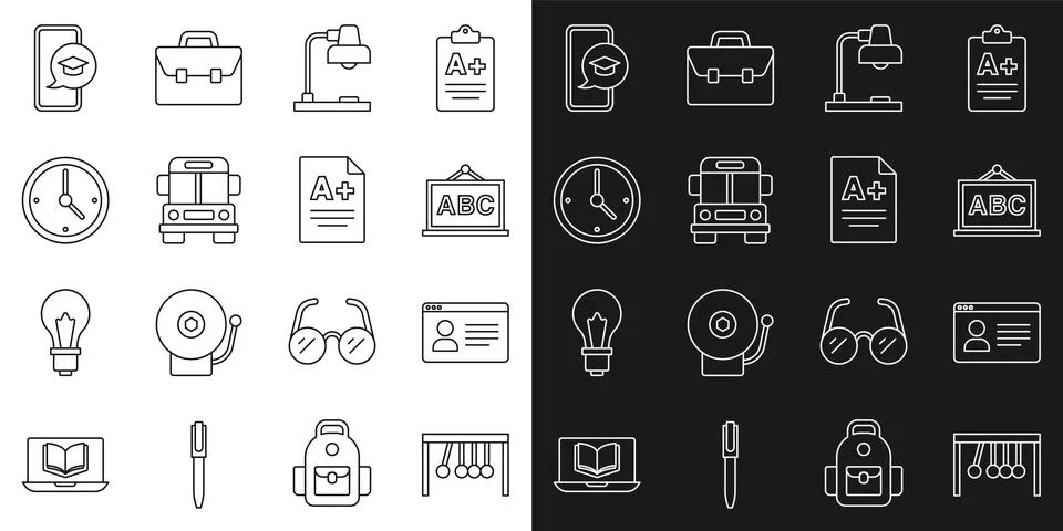 Set line Pendulum, Online class, Chalkboard, Table lamp, School Bus, Clock イラスト素材