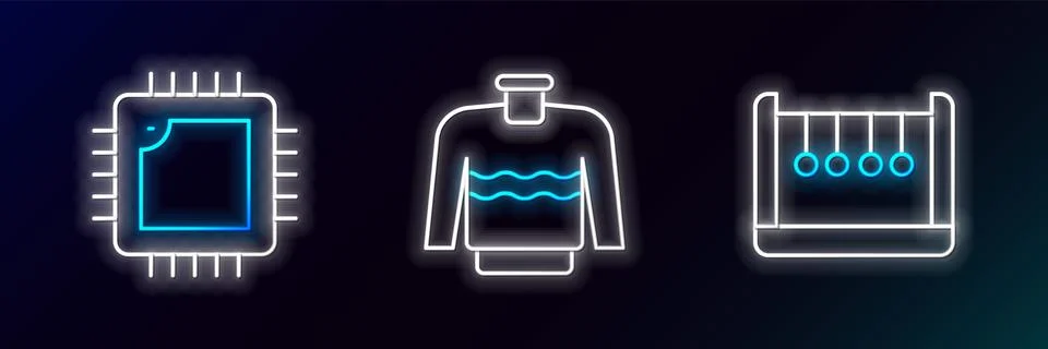 Set line Pendulum, Processor with CPU and Sweater icon. Glowing neon. Vector Stock Illustration