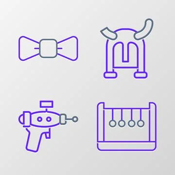 Set line Pendulum, Ray gun, Viking in horned helmet and Bow tie icon. Vector 스톡 일러스트