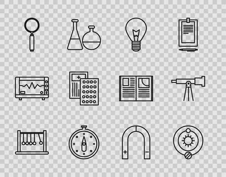 Set line Pendulum, Solar system, Light bulb with concept of idea, Compass, .. Stock Illustration