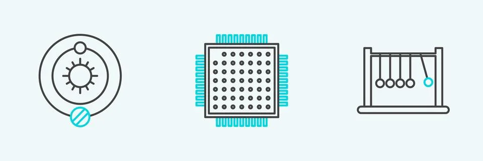 Set line Pendulum, Solar system and Processor icon. Vector Stock Illustration