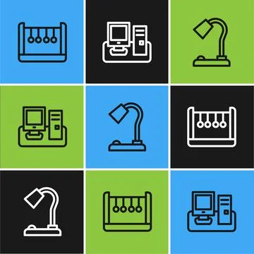 Set line Pendulum, Table lamp and Monitor with keyboard icon. Vector Stock Illustration