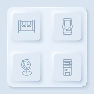 Set line Pendulum, Tetris, Earth globe and Computer. White square button. Vector Stock Illustration