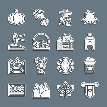 Set line Pennant Canada, Coffee cup to go, Winter hat, Inukshuk, Montreal B.. Stock Illustration