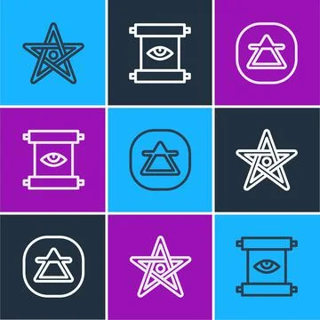 Set line Pentagram, Air element and Ancient magic scroll icon. Vector Stock Illustration