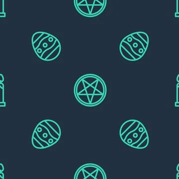Set line Pentagram in a circle, Easter egg and Burning candle on seamless Stock Illustration