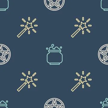 Set line Pentagram in a circle, Magic wand and Witch cauldron on seamless Stock Illustration