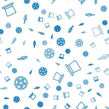 Set line Pentagram in a circle, Magic hat and feather on seamless pattern Stock Illustration