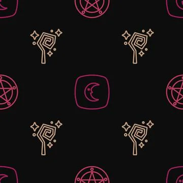 Set line Pentagram in a circle, Magic staff and Moon and stars on seamless Stock Illustration