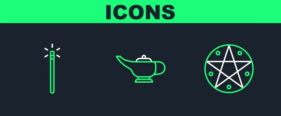 Set line Pentagram in a circle, Magic wand and lamp or Aladdin icon. Vector Stock Illustration