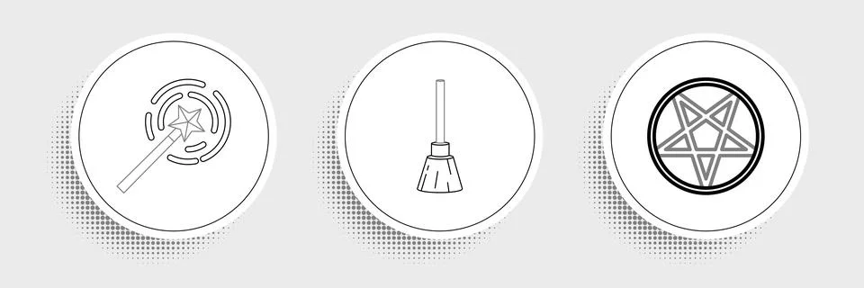 Set line Pentagram in a circle, Magic wand and Witches broom icon. Vector Stock Illustration
