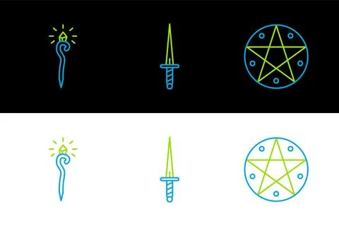 Set line Pentagram in a circle, Magic staff and Dagger icon. Vector Stock Illustration