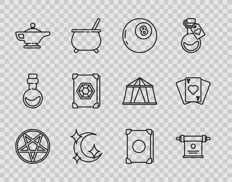 Set line Pentagram in a circle Magic scroll ball of predictions Moon and star Stock Illustration