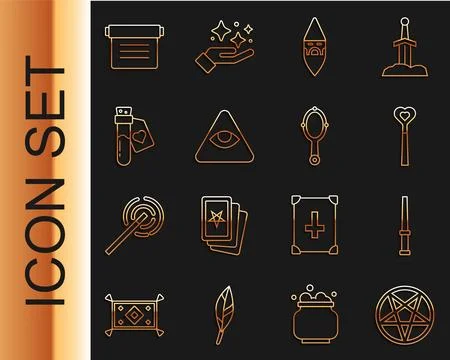 Set line Pentagram in a circle, Magic wand, Wizard warlock, Masons, Bottle .. Stock Illustration