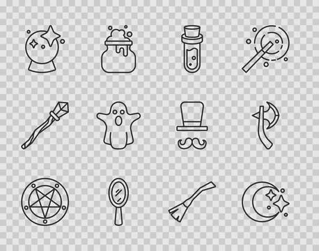 Set line Pentagram in a circle, Moon and stars, Bottle with potion, Magic hand Stock Illustration