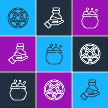 Set line Pentagram in a circle, Witch cauldron and Bottle with potion icon Stock Illustration