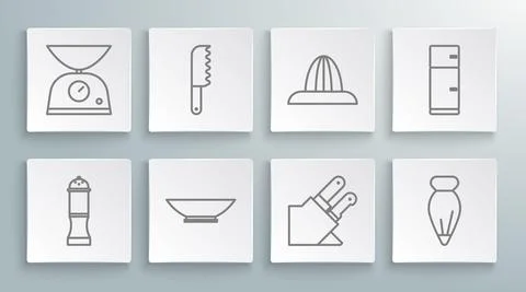 Set line Pepper, Bread knife, Bowl, Knife, Pastry bag for decorate cakes, Citrus Stock Illustration