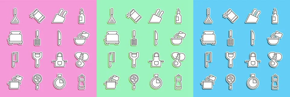 Set line Pepper, Broken egg, Saucepan, Knife, Barbecue spatula, Toaster,  a.. Stock Illustration