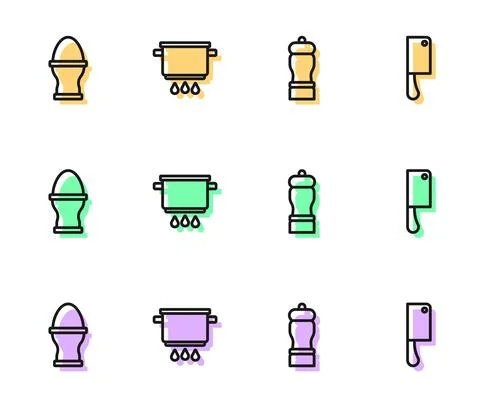 Set line Pepper, Chicken egg on a stand, Cooking pot fire and Meat chopper icon Stock Illustration