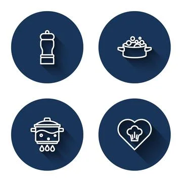 Set line Pepper, Cooking pot, on fire and Chef hat with long shadow. Blue circle Stock Illustration