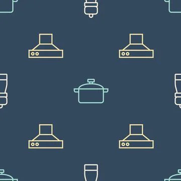 Set line Pepper, Kitchen extractor fan and Cooking pot on seamless pattern Stock Illustration