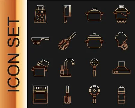 Set line Pepper, Kitchen extractor fan, Chef hat, Cooking pot, whisk, Fryin.. Stock Illustration