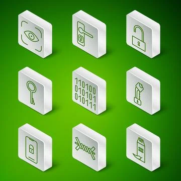 Set line Pepper spray Barbed wire Eye scan Binary code Old key Door handle Mo Stock Illustration