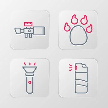 Set line Pepper spray, Flashlight, Paw print and Sniper optical sight icon... Stock Illustration