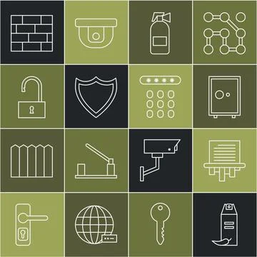 Set line Pepper spray, Paper shredder, Safe, Fire extinguisher, Shield,  Op.. Stock Illustration