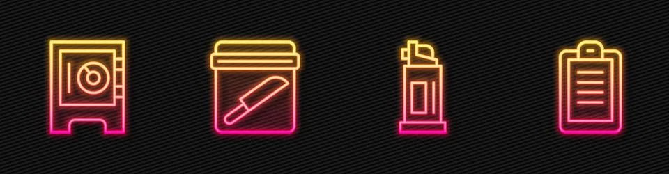 Set line Pepper spray, Safe, Evidence bag with knife and Police report. Glowing Stock Illustration