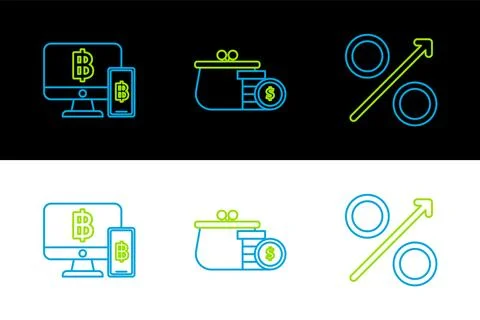 Set line Percent up arrow, Computer monitor with mobile phone and bitcoin and Stock-Illustration