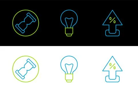 Set line Percent up arrow, Old hourglass with sand and Light bulb icon. Vecto Stock Illustration