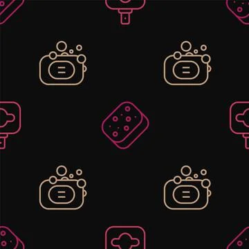 Set line Perfume, Bar of soap and Sponge on seamless pattern. Vector Stock-Illustration