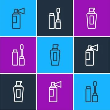 Set line Perfume, Bottle of shampoo and Mascara brush icon. Vector Illustration