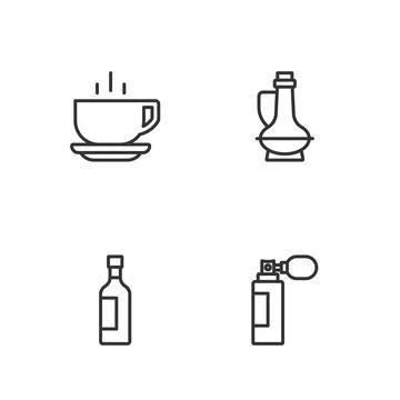 Set line Perfume, Bottle of wine, Coffee cup and olive oil icon. Vector Illustration