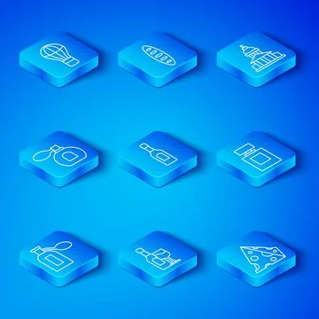 Set line Perfume, Champagne bottle, Wine with glass, Museum building, Hot air Stock-Illustration