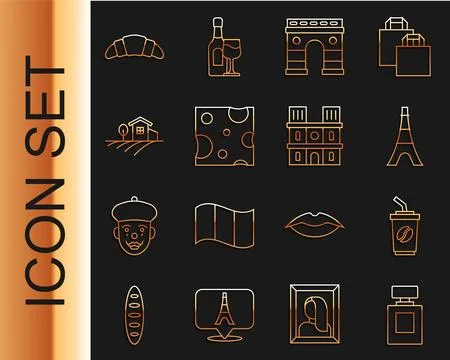 Set line Perfume, Coffee cup to go, Eiffel tower, Triumphal Arch, Cheese Stock-Illustration