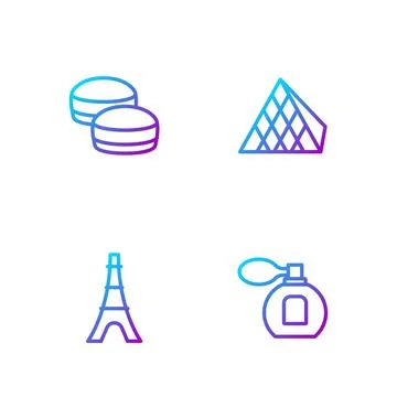 Set line Perfume, Eiffel tower, Macaron cookie and Louvre glass pyramid Stock Illustration