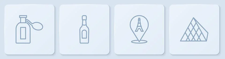 Set line Perfume, Eiffel tower, Champagne bottle and Louvre glass pyramid. White Stock Illustration