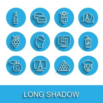 Set line Perfume, Eiffel tower, Champagne bottle, Louvre glass pyramid, French Ilustração Stock