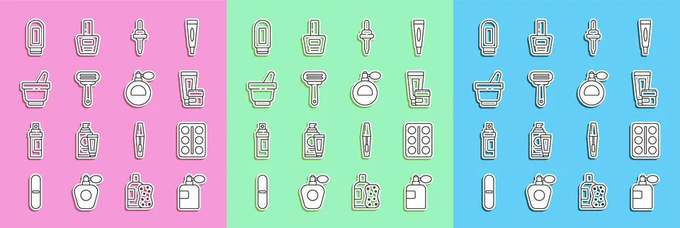 Set line Perfume, Eye shadow palette, Cream or lotion cosmetic tube, Pipette Stock-Illustration