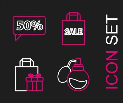Set line Perfume, Gift box, Shoping bag with Sale and Fifty discount percent tag Illustration