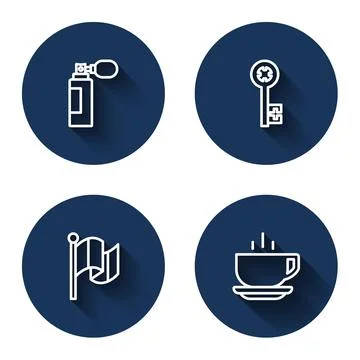 Set line Perfume, Old key, Flag Italy and Coffee cup with long shadow. Blue Ilustração Stock