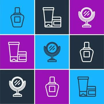 Set line Perfume, Round makeup mirror and Cream lotion cosmetic tube icon Illustration