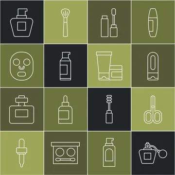 Set line Perfume, Scissors, Bottle of shampoo, Mascara brush, Spray can for.. Illustration
