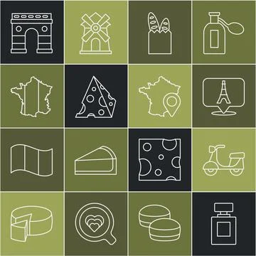 Set line Perfume, Scooter, Eiffel tower, French baguette bread, Cheese, Map of Stock-Illustration