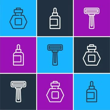 Set line Perfume, Shaving razor and Cream lotion cosmetic tube icon. Vector Illustration