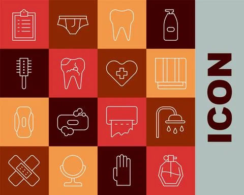 Set line Perfume, Shower head, Towel stack, Tooth, Broken tooth, Hairbrush Stock Illustration